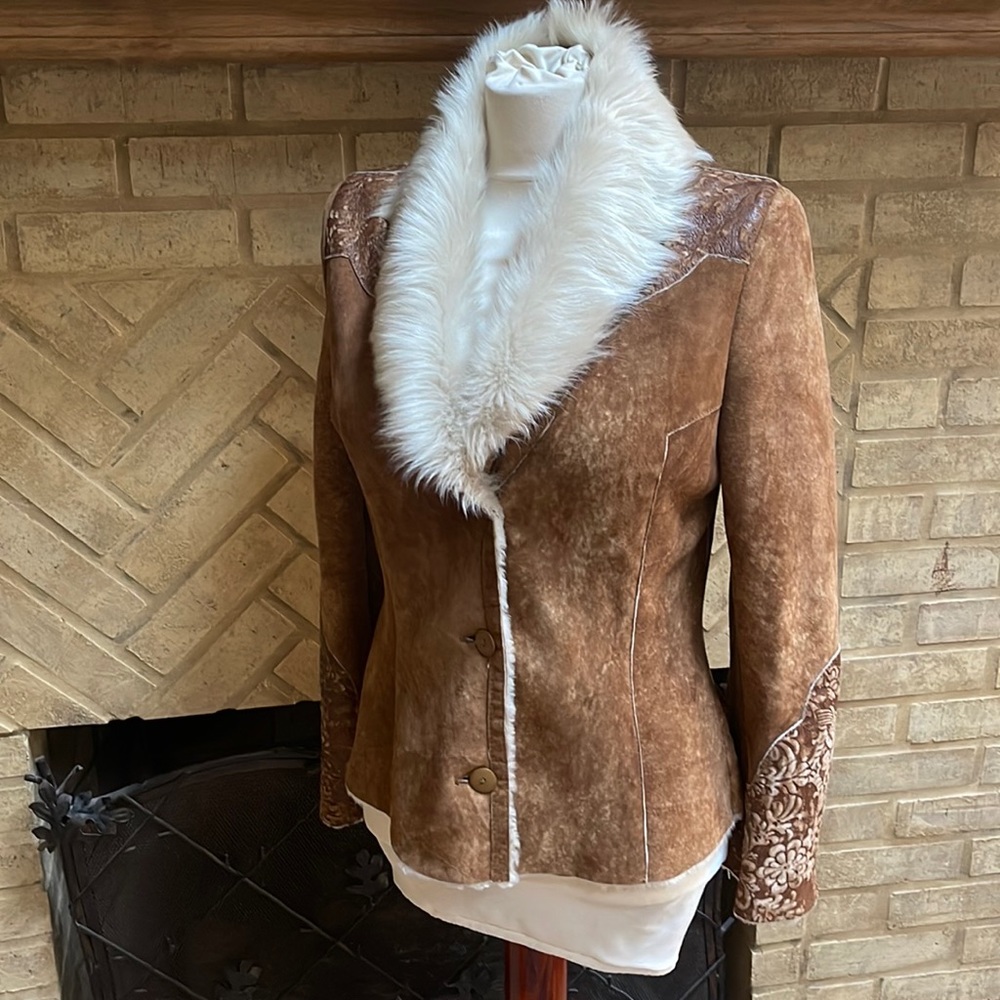 Olivieri Shearling Western tooled yoke coat jacket fur made in Italy size 6